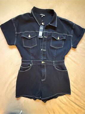 Fashion Nova Black Short Sleeve Denim Romper with Contrast Stitching